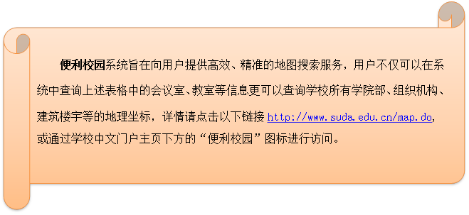 便利校园系统旨在向用户提供高效、精准的地图搜索服务，用户不仅可以在系统中查询上述表格中的会议室、教室等信息更可以查询学校所有学院部、组织机构、建筑楼宇等的地理坐标，详情请点击以下链接//www.jgmfood.com/map.do,或通过学校中文门户主页下方的“便利校园”图标进行访问。